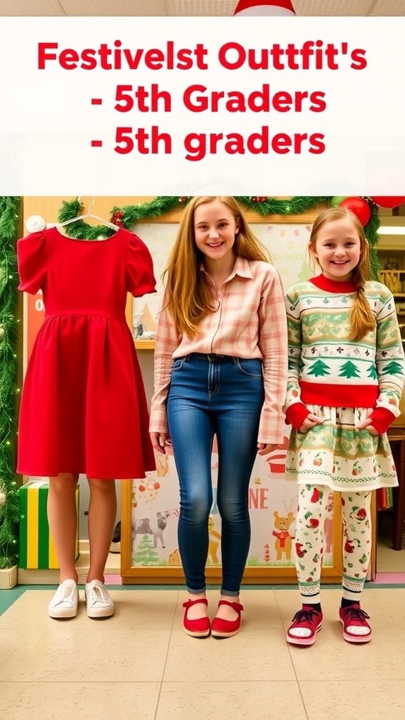 A collection of stylish Christmas outfits for 5th graders, including dresses, casual wear, and festive pajamas.